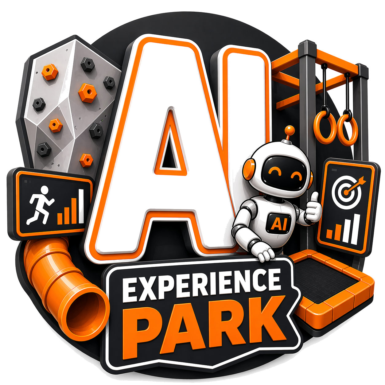 AI Experience Park logo with 3D AI letters, robot mascot, climbing wall, and playground equipment